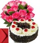1Kg Black Forest with Pink Roses Bouquet n Greeting Card