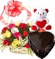Heart Shape Chocolate Truffle Cake 1Kg N Roses Basket Teddy Gifts