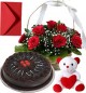 Chocolate Cake Half Kg Roses Basket N Teddy Gifts