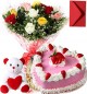 1Kg Heart Shape Strawberry Cake  Roses Bouquet Teddy n Card