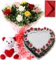1Kg Heart Shape Black Forest Cake Roses Bouquet Teddy n Card