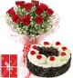 1Kg Eggless Chocolate Black Forest Cake Roses bouquet Greeting Card