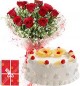 Eggless 1Kg Pineapple Cake 10 Mix Roses bouquet with Greeting Card
