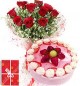 Eggless 1Kg Strawberry Cake 10 Mix Roses bouquet n Greeting Card