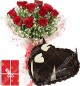 1Kg Chocolate Heart Shape Eggless Cake Roses Bouquet N Greeting Card