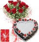 1Kg Black Forest Heart Shape Eggless Cake Roses Bouquet N Greeting Card