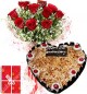 1Kg Heart Shape Butterscotch Eggless Cake Roses Bouquet N Greeting Card