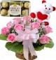 Gifts of Pink Roses basket n ferrero rocher chocolate n Teddy Bear