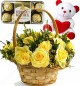 Gifts of Yellow Roses basket n ferrero rocher chocolate n Teddy Bear