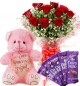 Gift of 10 Red  Roses Bouquets Chocolate Teddy Bear