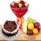 half kg Black forest cake 2 kg fresh fruit basket n 10 roses bouquet