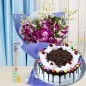 1kg black eggless forest gems cake and orchid bouquet