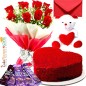 1kg heart shape red velvet cake teddy bear chocolate red roses bouquet greeting card
