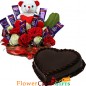 eggless 1kg chocolate cake heart shape n roses flower n teddy chocolate arrangemen