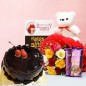 half kg eggless chocolate Cake mixed roses teddy bear dairy milk silk chocolates card