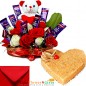 half kg heart shape butterscotch cake cake n teddy roses chocolate combo gifts