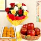 half kg motichur laddu sweet 10 roses bouquet n 1kg fresh apples in a basket 