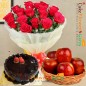 half kg chocolate cake 20 roses bouquet n 1kg fresh apples in a basket