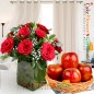 10 red roses vase with 1kg fresh apples in a basket