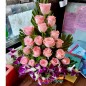 21 pink red roses 4 purple orchids in basket