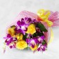 5 roses and 4 orchid flower bouquet