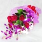 5 red roses and 4 orchid flower bouquet