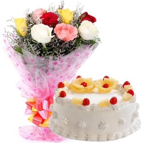 send 500gms pineapple cake with mix roses bunch delivery