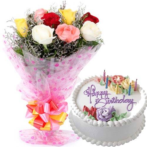 send 500gms Vanilla Cake with Mix roses Bunch  delivery