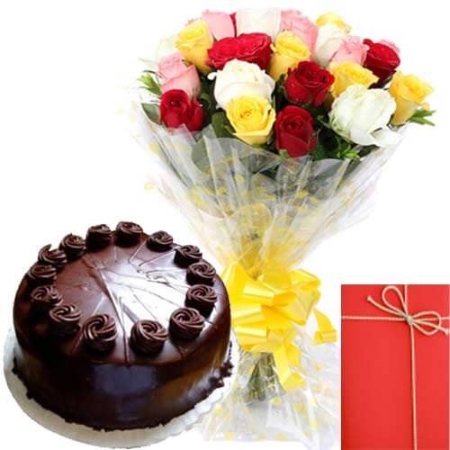 send Eggless Chocolate Truffles Cake with Mix Roses Bunch Card delivery