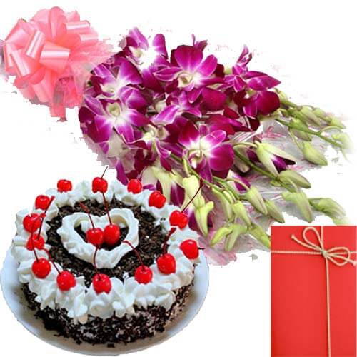 send Orchid Bunch with Black Forest Cake Greeting Card delivery