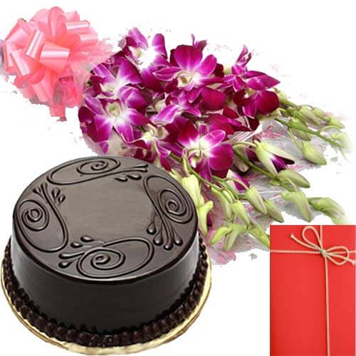 Orchid Bunch with Eggless Chocolate Truffles Cake Card