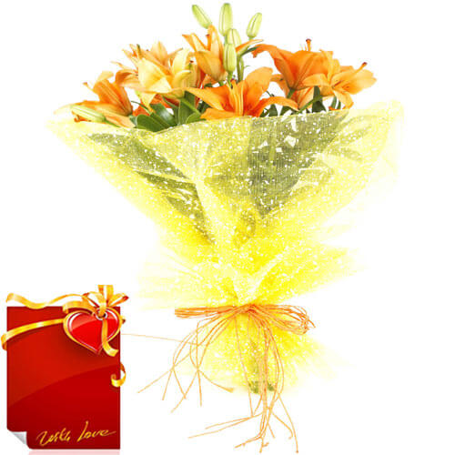 send bunch of 6 orange asiatic lillies bouquet with Card delivery