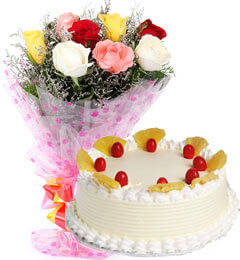 send Eggless Pineapple Cake n Mix Roses  delivery