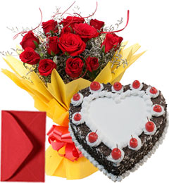 send 1Kg Eggless Heart Shape Black Forest Cake n Red Roses Bouquet delivery