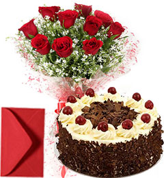 send 1Kg Eggless black Forest Cake n Red Roses Bouquet delivery