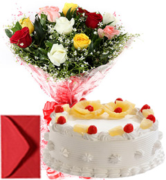 send 1Kg Eggless Pineapple Cake n Mix Roses  delivery