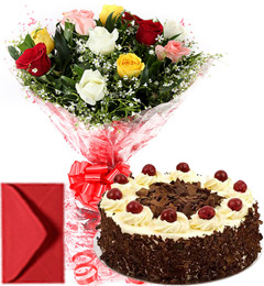 send 1Kg Eggless black Forest Cake n Mix Roses  delivery