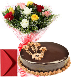 send 1Kg Eggless Chocolate Cake n Mix Roses  delivery