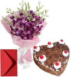 send Eggless Hart Shape Black Forest n Orchid Bouquet delivery