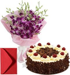 send Orchids Bouquet n Half Kg Eggless Black Forest Cake delivery