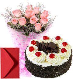 send Pink Roses Bouquet Half Kg Eggless Black Forest Cake  delivery