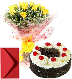 send Yellow Roses Bouquet Half Kg Eggless Black Forest Cake delivery