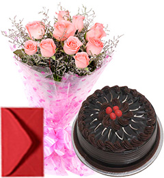 send Pink Roses Bouquet Half Kg Eggless Chocolate Cake delivery