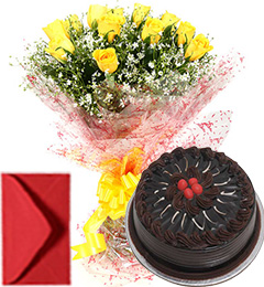 send Yellow Roses Bouquet Half Kg Eggless Chocolate Cake delivery
