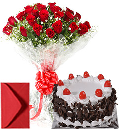 send Big Roses Bouquet n Eggless Black Forest Cake  delivery