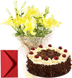 send Lilies Bouquet  n Eggless Black Forest Cake delivery