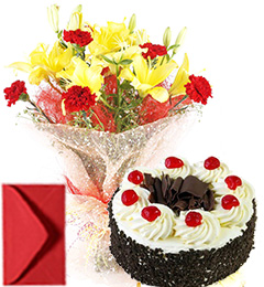 send Best Lilies Bouquet n Eggless Black Forest Cake n Card  delivery