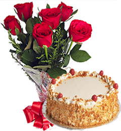 Butterscotch Cake n Red Roses Bunch