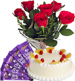 send Red Roses Bunch Eggless Pineapple Cake n Chocolate delivery