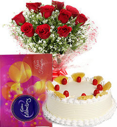 send Red Roses Bouquet Eggless Pineapple Cake n Cadbury Celebrations Box delivery